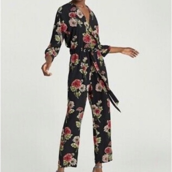 Zara Dark Floral Cross Front Long Sleeve Jumpsuit | Size Extra Small - Picture 2 of 16